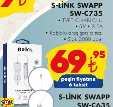 S-LİNK SWAPP SW-C735 TYPE-C KABLOLU ARAÇ ŞARJ CİHAZI S-LİNK SWAPP SW-C735 TYPE-C KABLOLU ARAÇ ŞARJ CİHAZI